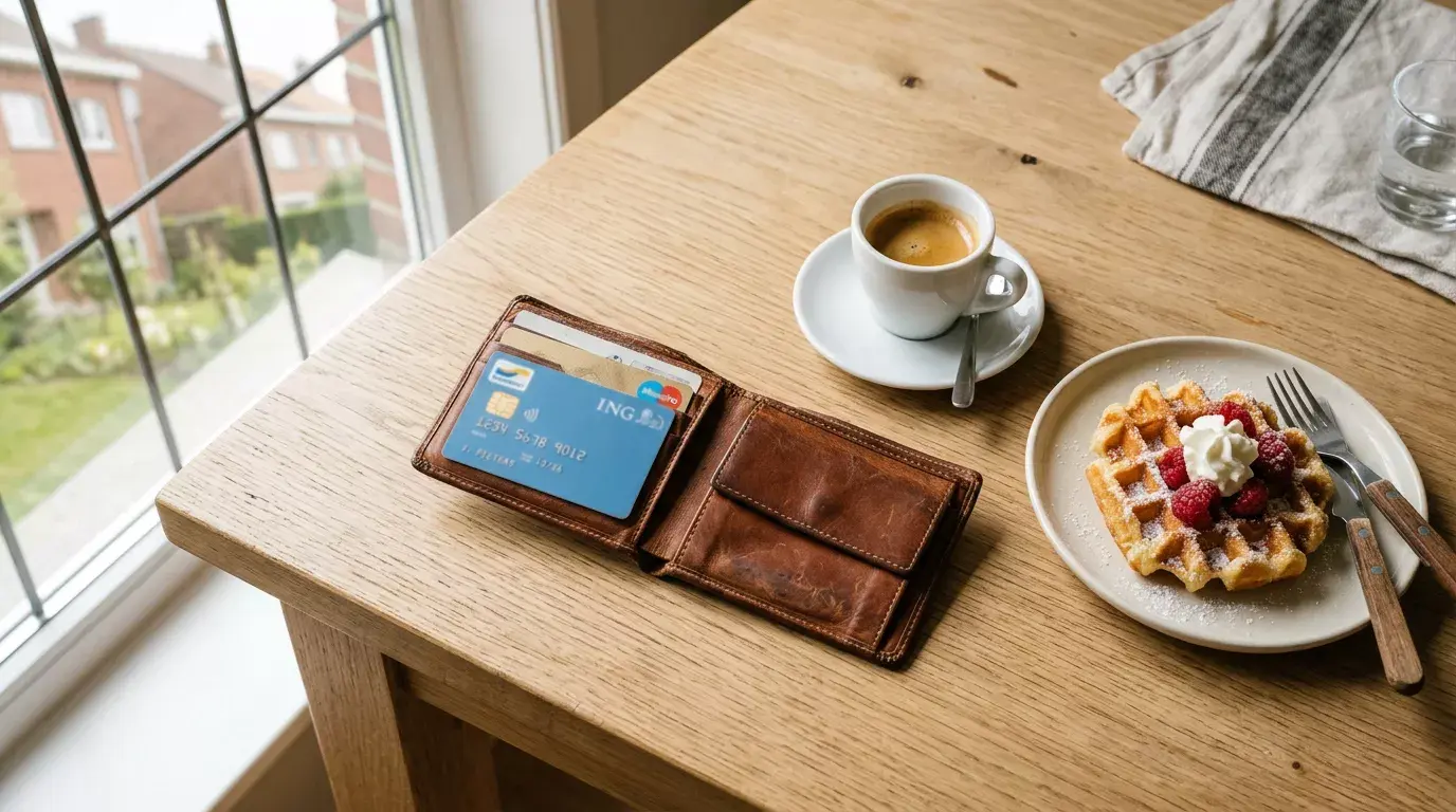 Belgische portemonnee met betaalkaart op een houten tafel naast een koffiekopje