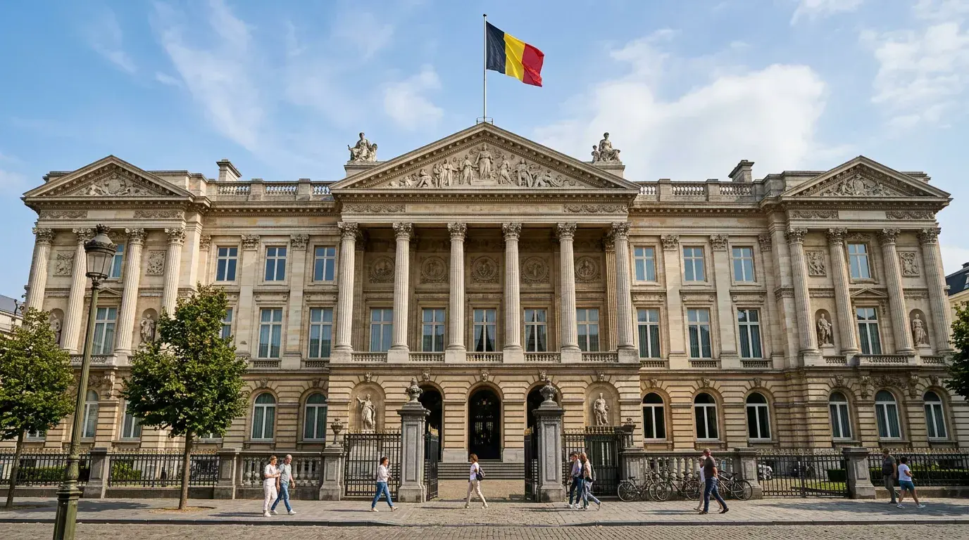 Officieel overheidsgebouw in Brussel met Belgische vlag en stenen gevel bij daglicht