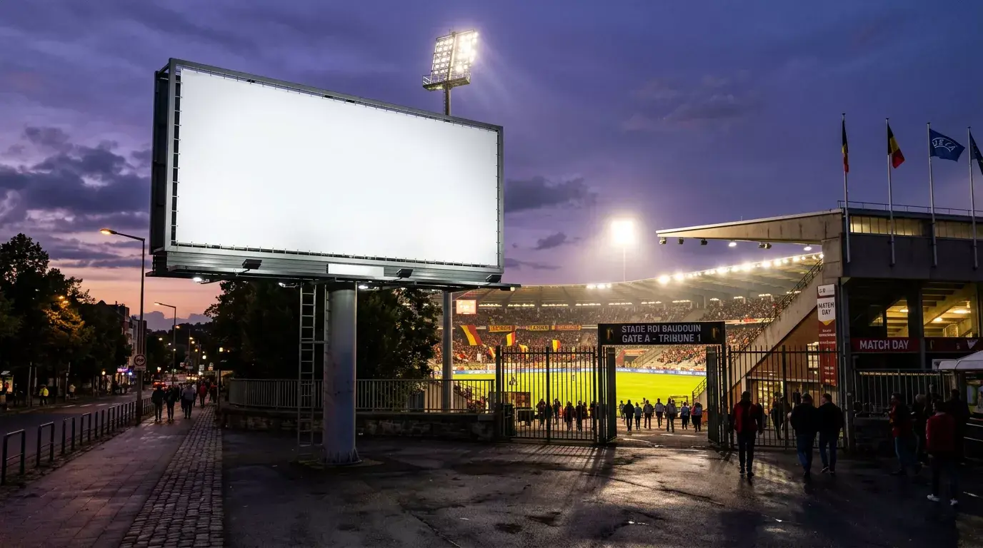 Leeg reclamebord naast een Belgisch voetbalstadion bij avondlicht