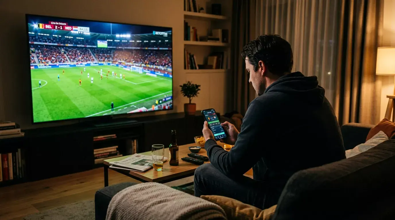 Man bekijkt live voetbalwedstrijd op tv met smartphone in de hand in Belgische woonkamer