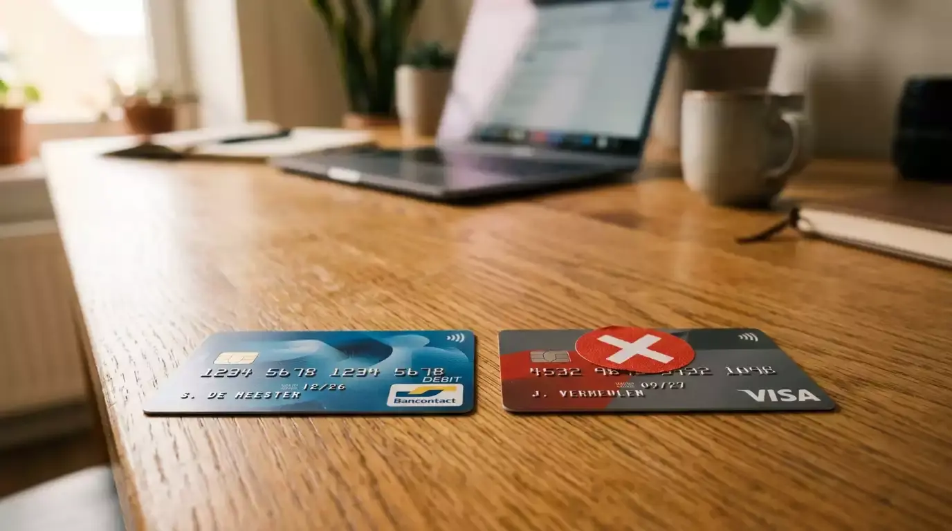 Belgische debetkaart naast een geblokkeerde creditcard op een houten bureau