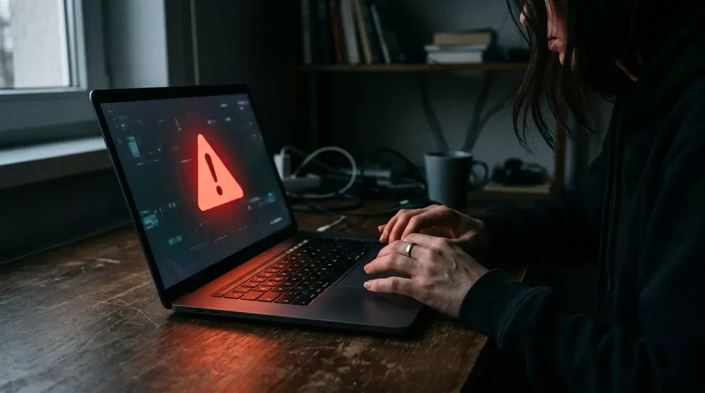 Laptop in een donkere kamer met een rood waarschuwingssignaal op het scherm