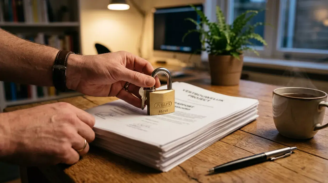 Handen plaatsen een hangslot op documenten op een bureau als symbool voor zelfsluiting