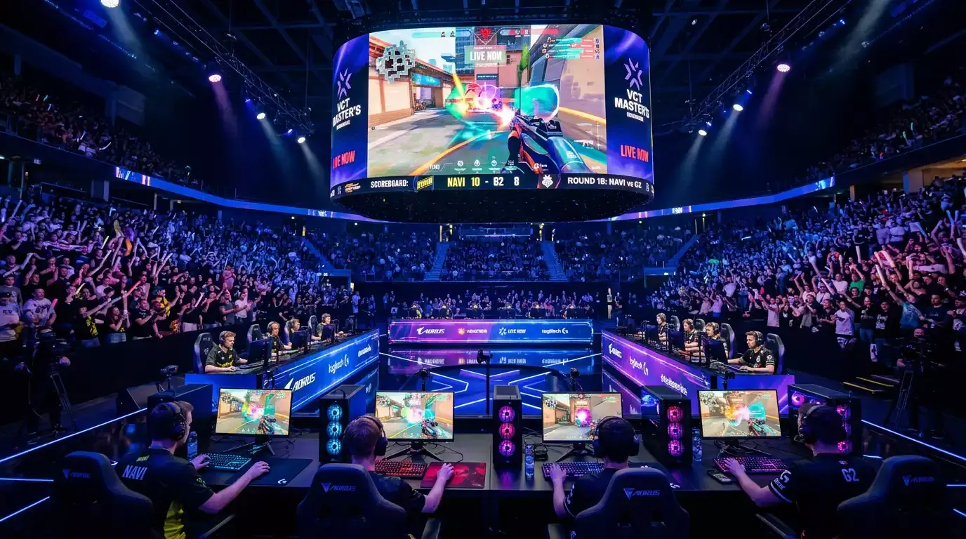 Esports-arena met verlichte gaming-opstellingen en grote schermen tijdens een toernooi