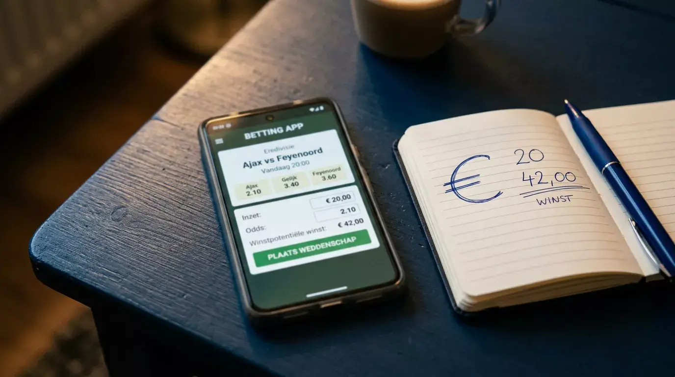 Smartphone met Bancontact-app naast een wedformulier onder warm studiolicht in België