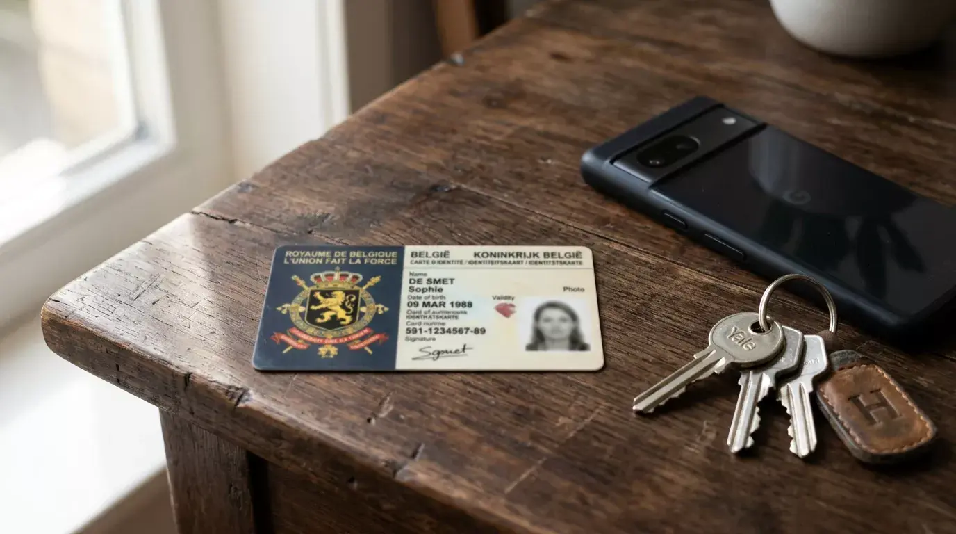Belgische identiteitskaart op houten tafel naast smartphone en sleutels