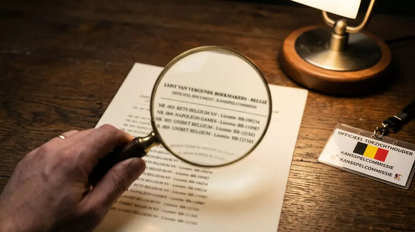 Vergrootglas boven een officieel document met licentienummers op een houten bureau