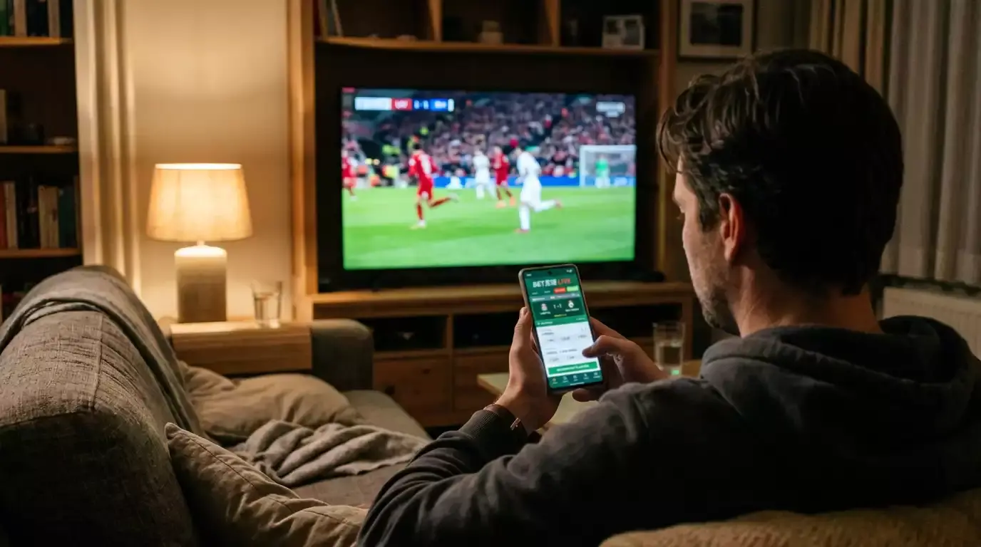 Persoon die op een smartphone een live sportwedstrijd volgt in een huiskamer met gedimde verlichting