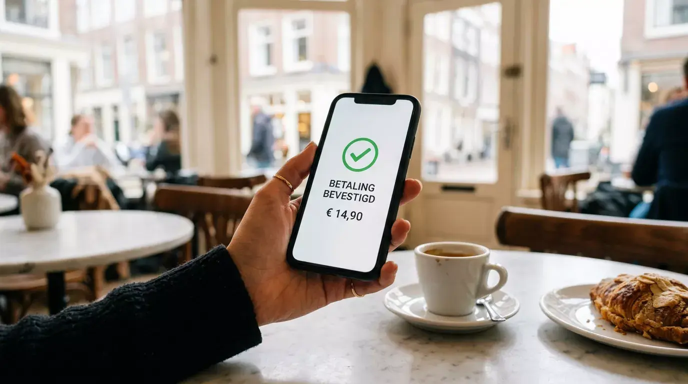 Hand die een smartphone vasthoudt met een betaalbevestiging op het scherm in een cafe