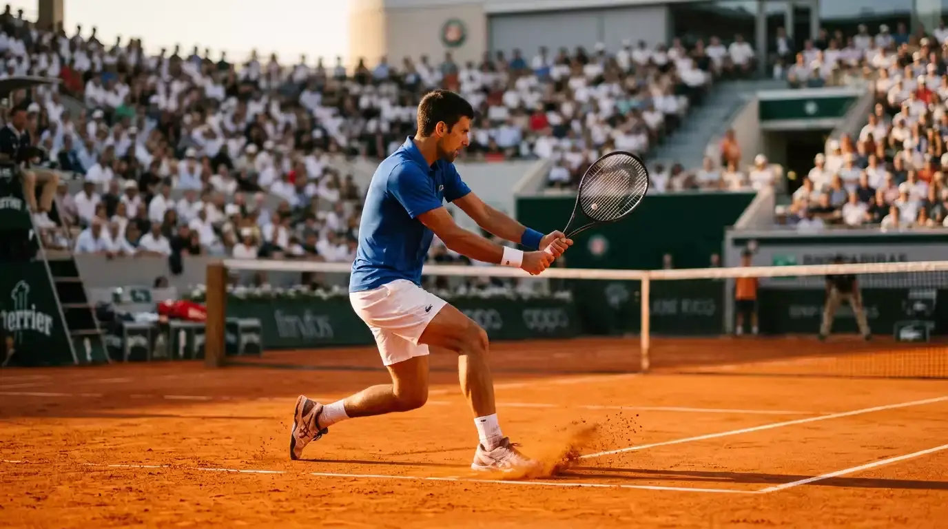 Tennisbaan met rode gravel tijdens een Grand Slam-wedstrijd met een speler bij de baseline