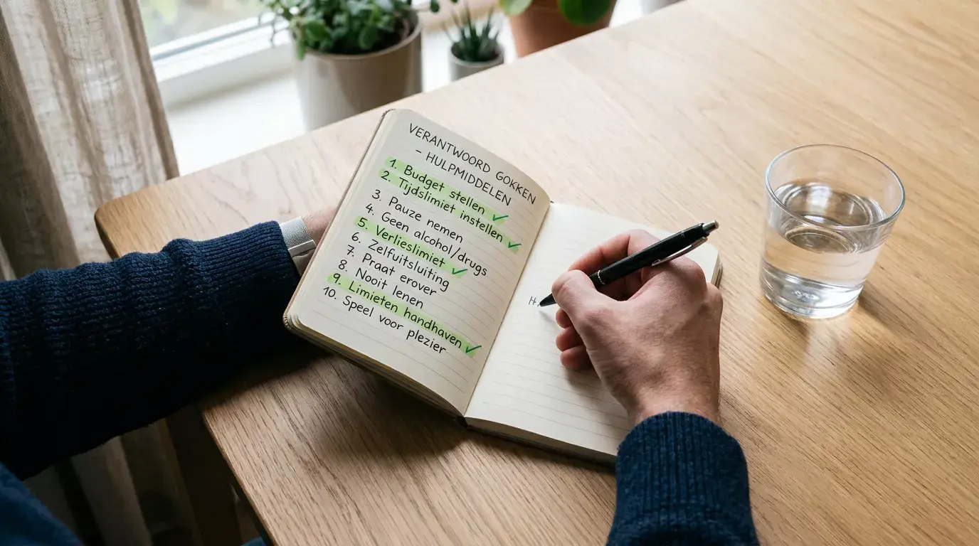 Persoon schrijft checklist in notitieboekje op een opgeruimd bureau bij ochtendlicht