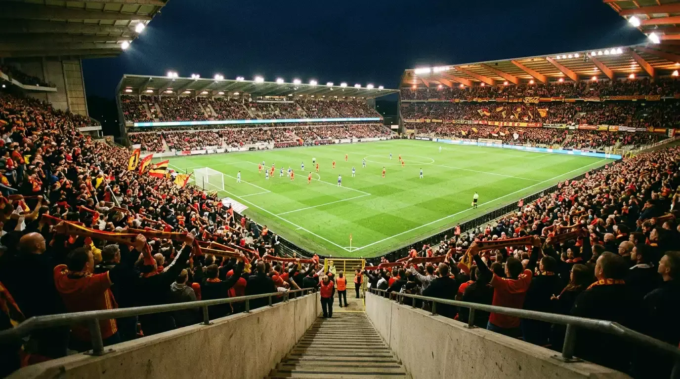 Belgisch voetbalstadion met groene grasmat en supporters op de tribunes tijdens een avondwedstrijd