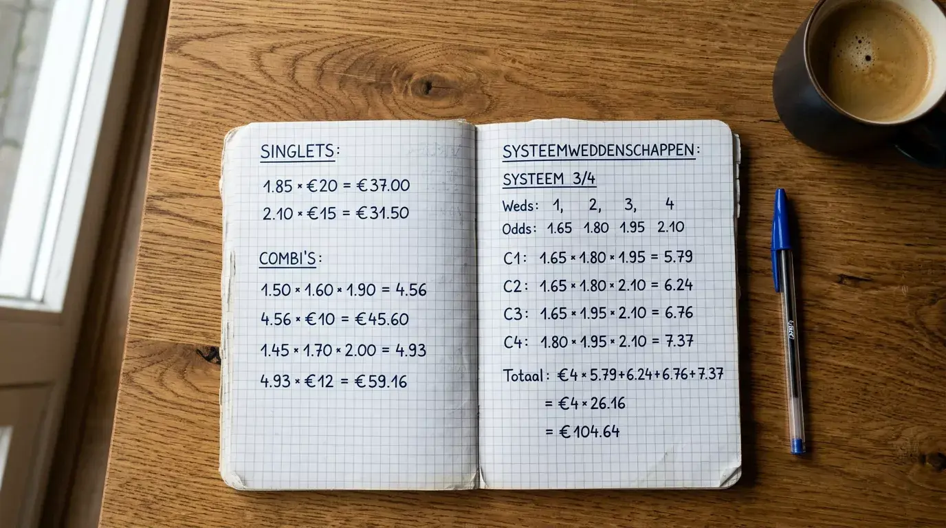 Notitieboek met handgeschreven berekeningen en een potlood op een houten tafel
