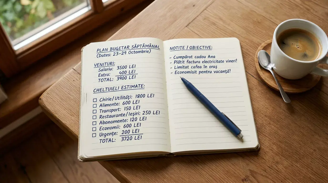 Notitieboekje met weekplanning en budgetoverzicht naast koffiekop op bureau