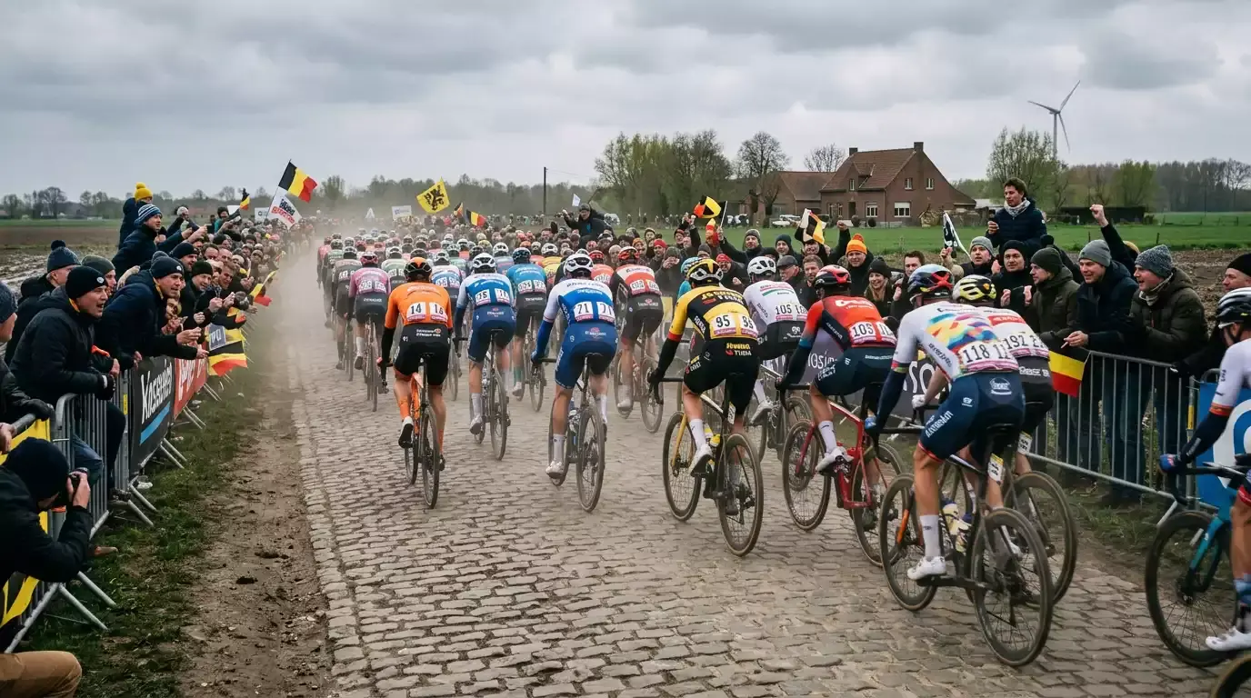 Peloton wielrenners op een Vlaamse kasseienstrook tijdens een voorjaarsklassieker
